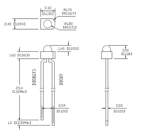 FYL-1804GD1A (=WP1060GD) светодиод 1.8мм, зелёный, матовый, 568 нм, 45 мКд, 50° (рис.2)