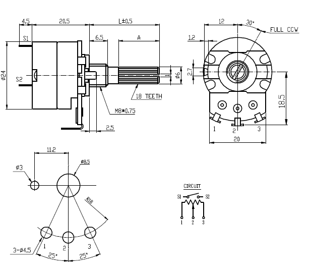 24S1-B100K, L-20KC/CI резистор переменный 100кОм, с выключателем (рис.2)
