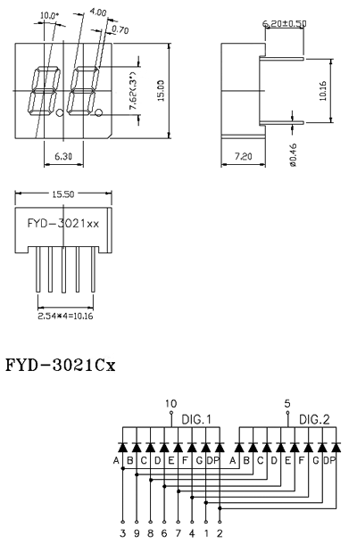 FYD-3021CUR (DC03-11SURKWA) 2-знак. индикатор семисегм., 0,30, ультракрасн. ОK 6 (рис.2)