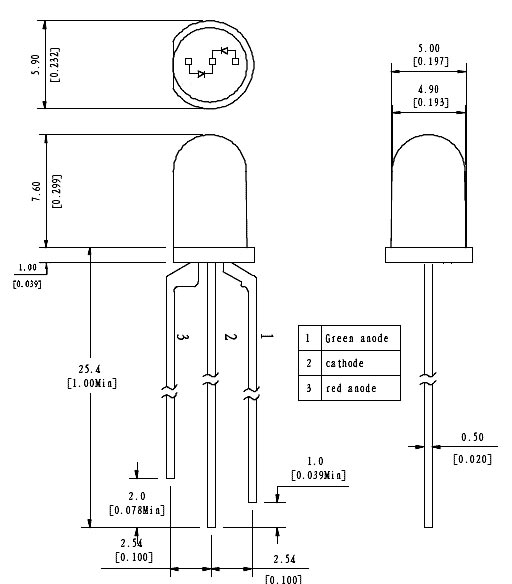 FYL-5019YGW (=WP59GYW) светодиод 5мм, жёлт/зел, 585/570нм, 15/15 мКд, 60° (рис.2)