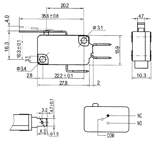 B180E (KW3A-16Z3-C200-60) Микропер-ль 250В,10А, SPDT (рис.2)