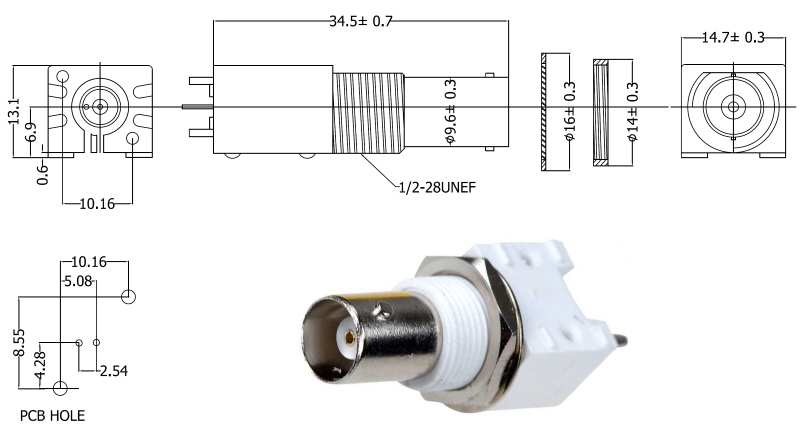 BNC-7043 (50 Ом) гнездо на плату, вертик. пласт.+крепеж (рис.2)