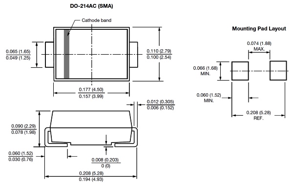 SMAJ36A диод защитный 400Вт 36В, DO-214AC (SMA) (рис.2)