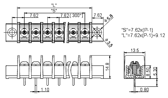 DG25C-A-04P-13  клеммник, 4 конт., шаг 7.62 мм, с отв., (FB25C-A-04P-13-A) (рис.2)