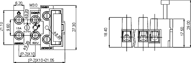 DG801-02P  колодка 2 клеммы+предохр., 10А, 2.5кв.мм, (FB801-02P-11) (рис.2)