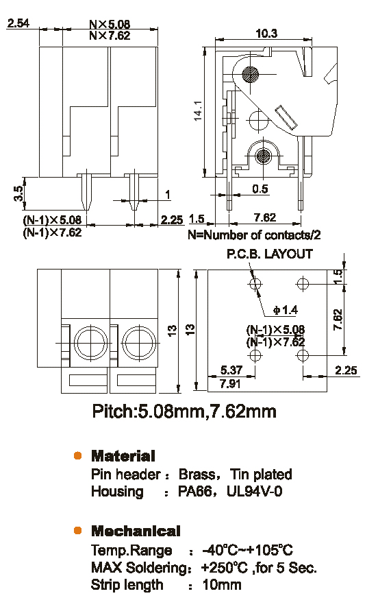 DG142V-5.08-04P клеммник нажимной, 4 конт., шаг 5.08мм, (FB142V) (рис.2)