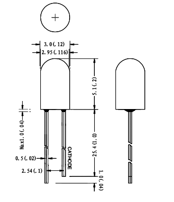 FYL-3004HD1D светодиод 3мм, красный, матовый, 700 нм, 3 мКд, 55° (рис.2)