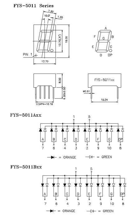 FYS-5011BE (SA05-11EWA) знак.семисегм.инд. 0,50 оранж. ,ОA, 14-20мКд (рис.2)