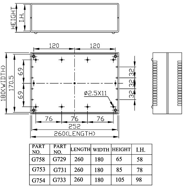 G731A   корпус пласт., тёмно-серый, алюм. панели, 260 x 180 x 85 (рис.2)