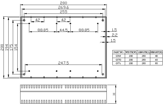 G769   корпус пласт., светло-серый, тёмно-серые панели, 200 x 280 x 40 (рис.2)