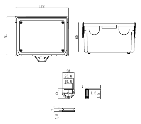 GH002B корпус пластм. с откидной крышкой 91x122x69мм  черн. (рис.2)