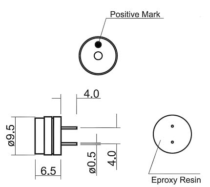 HC0901F эл.магнитн. изл-ль звука, 1,5В, 3200Гц, d=9,5мм, h=6,5мм (рис.2)