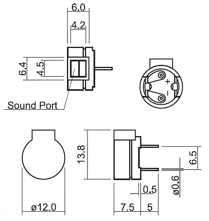 HC12G-04F эл.магнит. изл-ль звука, 1.5В, 2731Гц, d=12мм, h=7,5мм (рис.2)