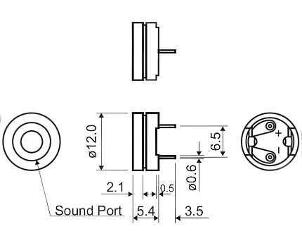 HC12G-105B эл.магнит. изл-ль звука, 1.5В, 2048Гц, d=12мм, h=5,4мм (рис.2)