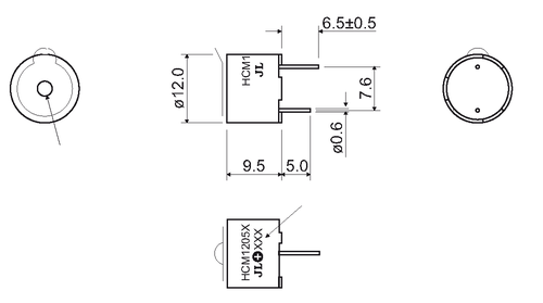 HCM1205X эл.магнит. изл-ль звука, 5В, 2300Гц, d=12мм, h=9,5мм (рис.2)