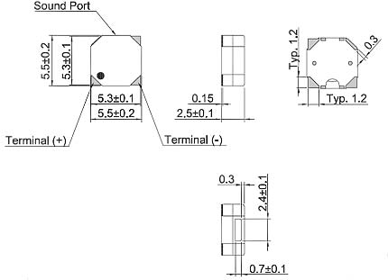 HCS0503A эл.магнит. изл-ль звука, SMD, 3В, 3,1кГц, 5,5х5,5х2,5 мм (рис.2)