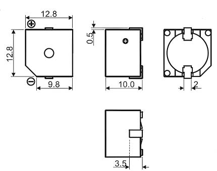 HCS1206AX эл.магнит. изл-ль звука с ген., SMD, 6В, 2300Гц, 12,8x12,8мм, h=9,2мм (рис.2)