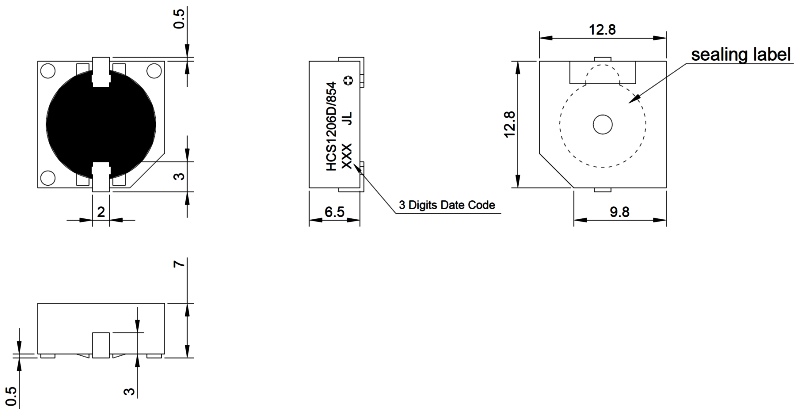 HCS1206D/854 эл.магнит. изл-ль звука, SMD, 6В, 2400Гц, 12,8x12,8 мм, h=7мм (рис.3)