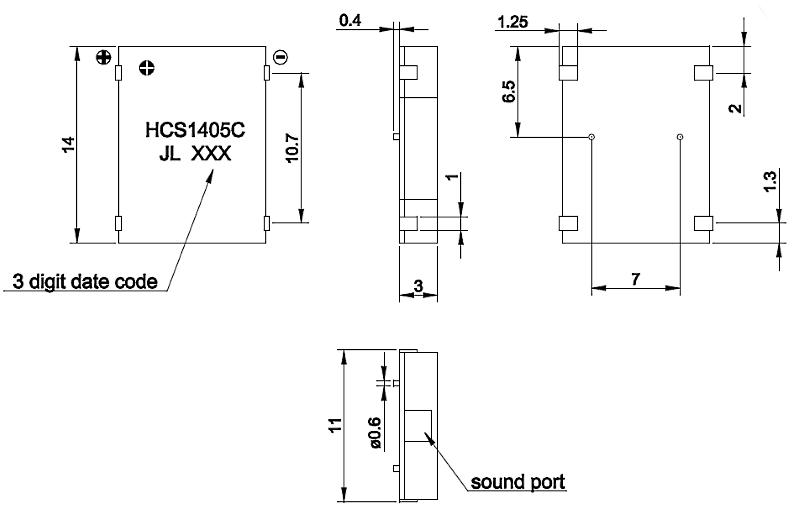 HCS1403C эл.магнит. изл-ль звука, SMD, 3,0В, 3200Гц, 14x11 мм, h=3,5мм (рис.2)