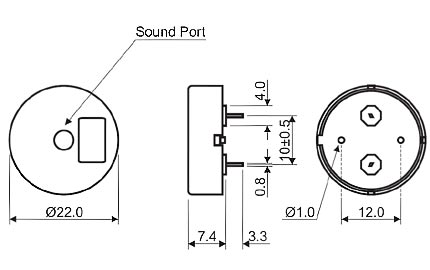 HPA22D   излуч-ль звука пьез., 10В, 4кГц, d=22мм, h=7,6мм (рис.2)