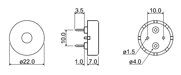 HPA22F излуч-ль звука пьез., 10В, 4кГц, d=22мм, h=7мм (рис.2)
