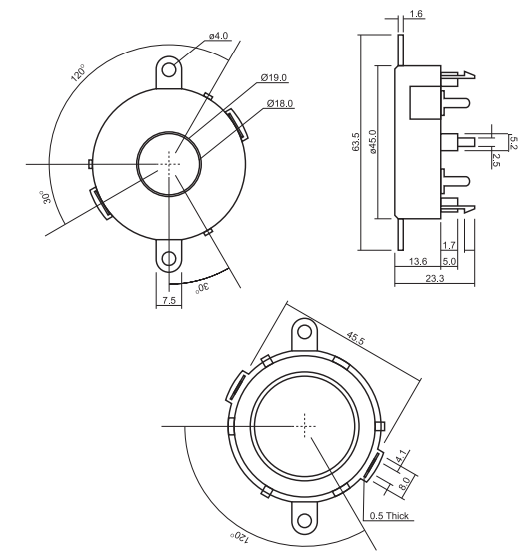 HPA45A излуч-ль звука пьез., 12-40В, 2,2-4.0кГц, d=45мм, h=13,6мм (рис.2)