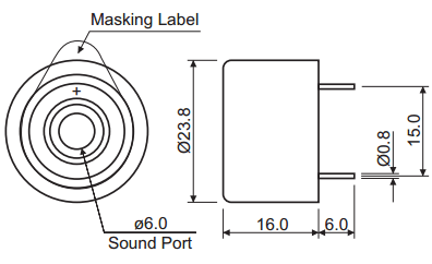 HPM24BX-1 излуч-ль звука пьез.с ген., 12В, 85дБ, 2,8кГц, d=23,8мм, h=16мм (рис.2)