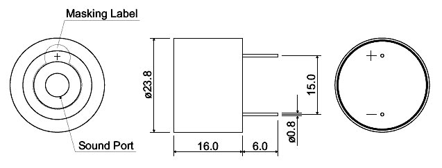 HPM24EX излуч-ль звука пьез. с ген., 12В, 3,7кГц, d=23,8мм, h=16мм (рис.2)