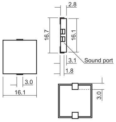 HPS16A излуч-ль звука пьез., SMD, 3В, 4кГц, d=16,1x16,1мм, h=3,1мм (рис.2)