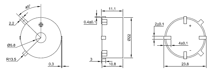 HPS22A   излуч-ль звука пьез., SMD, 9В, 4кГц, d=22мм, h=10,8мм (рис.2)