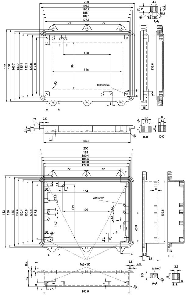 HQ017BK корпус алюмин., 200x150x50, IP67, окрашенный (серый) (рис.2)