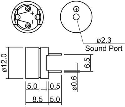 HC12G-1P/002 эл.магнит. изл-ль звука, 1.5В, 2048Гц, d=12мм, h=8,5мм (рис.1)