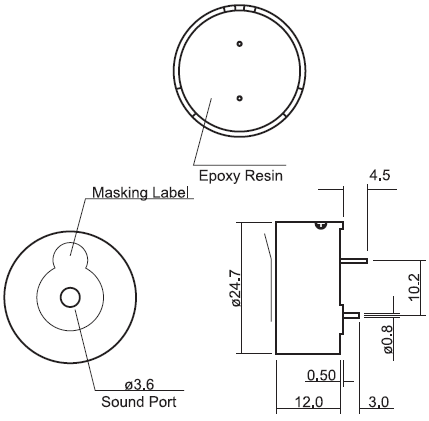HCM2512B эл.магнит. изл-ль звука, 12В, 1-1,5кГц, d=24,7мм, h=12,5мм (рис.1)