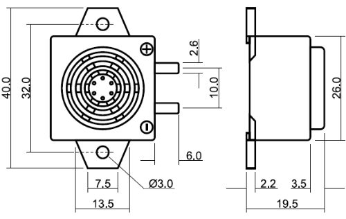 HCM2606BX эл.магнит. изл-ль звука с ген., 6В, 300-500Гц, d=26x26мм, h=19,5мм (рис.1)