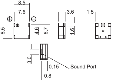 HCS0905G эл.магнит. изл-ль звука, SMD, 5В, 2730Гц, 8,5x8,5 мм, h=3,6мм (рис.1)
