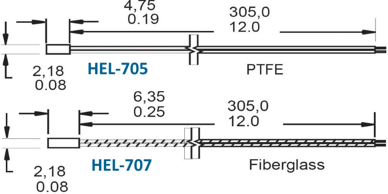 Габариты датчиков температуры серии HEL-700