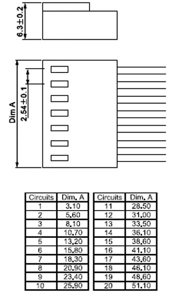 HU-6 розетка на кабель, 6 конт., шаг 2.54 мм, (для WF-6) (рис.2)