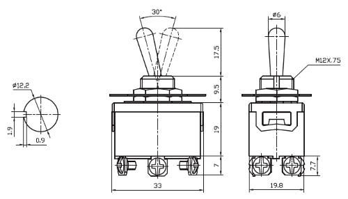 Габаритные размеры тумблера KN-322