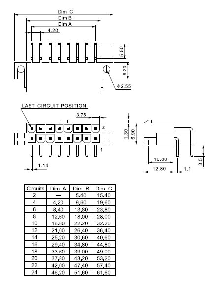 MF-16MRB   вилка на плату, угл., 16 конт., (2x08)шаг 4.2 мм, (для MF-16F) (рис.2)