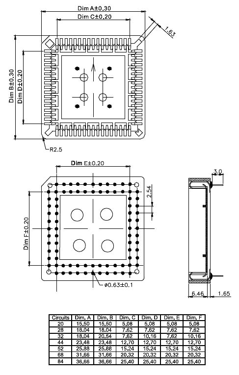PLCC-44   панелька под м/с, 44 конт., DIP, шаг 2,54мм (рис.2)