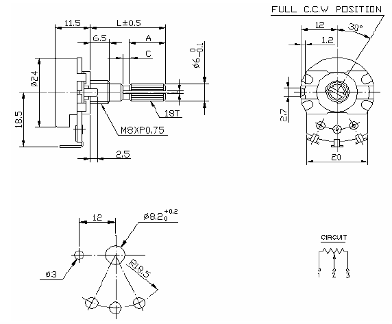 R24N1-B5K-L20KC резистор переменный 5кОм (рис.2)