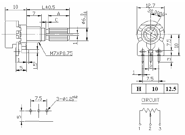 RK1233N1-B50K, L-25KC, H=10мм резистор переменный 50кОм (рис.2)