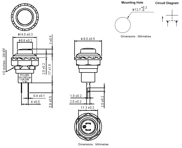 Габариты кнопки R13-502A