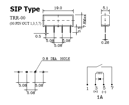 TRR-1A-05F00-R геркон. реле 5В 10мА, 1 пара норм.разомкн.конт., SIP-4 (1,3,5,7) (рис.2)