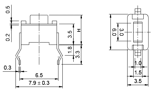 TS-01-080   кнопка тактовая 3,5х6,0, h = 8,0 мм, DIP (рис.2)