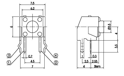 TS-02-0385   кнопка тактовая угл. 6,2x6,0, h = 3,85 мм, DIP (рис.2)