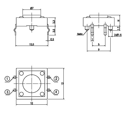 TS-03-050   кнопка тактовая 12x12, h = 5,0 мм, DIP (рис.2)