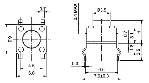 TS-04-065   кнопка тактовая, 6,0х6,0, h = 6,5 мм, DIP (рис.2)