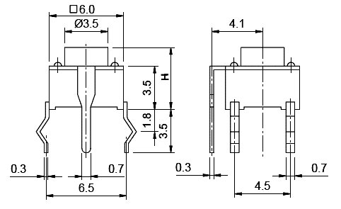 TS-05-100   кнопка тактовая с заземл., 6,0х6,0, h = 10,0 мм, DIP (рис.2)