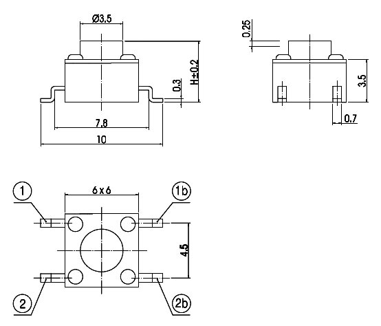 TS-06-043   кнопка тактовая, 6,0х6,0, h= 4,3 мм, SMD (рис.2)